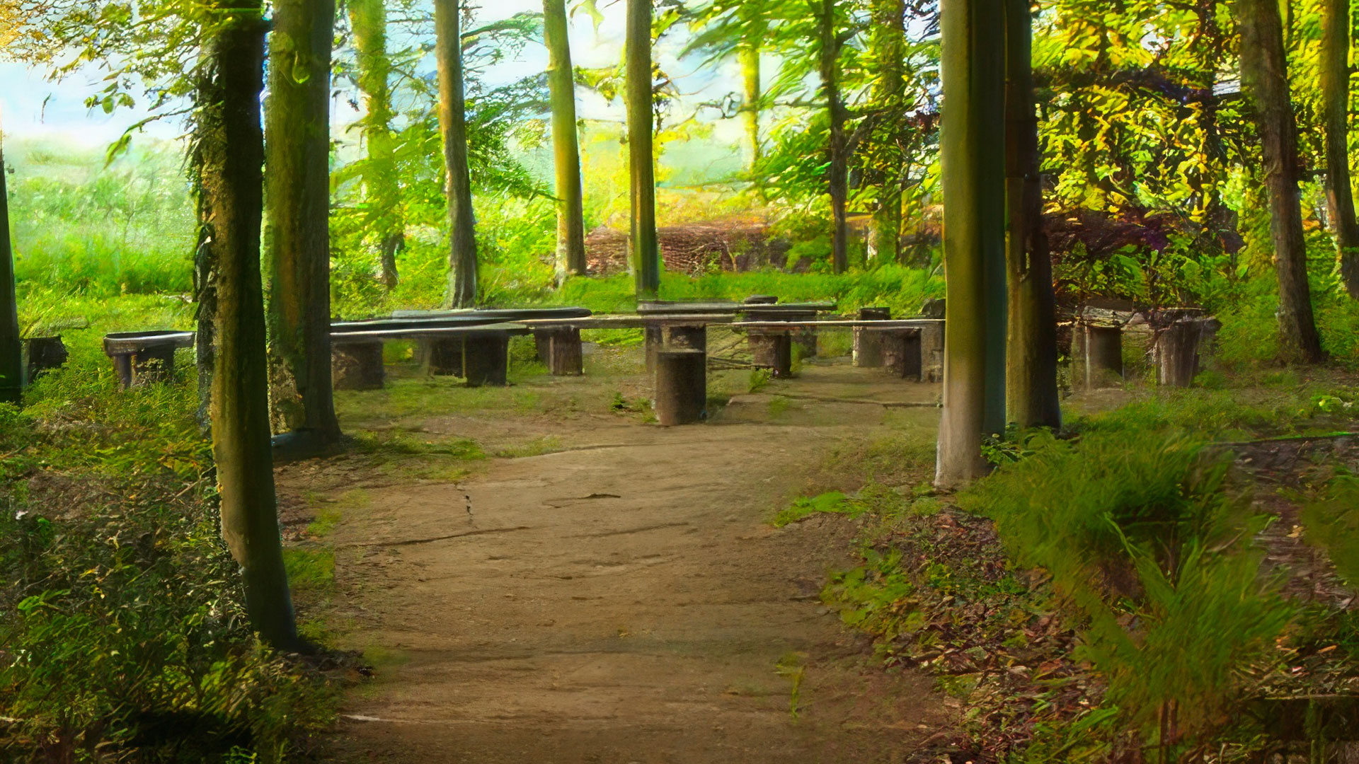 bankjes in het bos